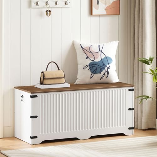 HOOBRO Storage Bench, Toy Box Organizer, Toy Chest with Safety Hinge, Farmhouse Style Storage Chest, 39.3 x 15.7 x 17.7 Inches for Living Room, Bedroom, Entryway, White and Walnut WH26CW01 - Image 5