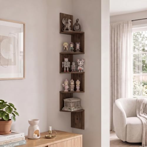 Furinno Rossi 5-Tier Corner Floating Book Shelves for Wall, Columbia Walnut - Image 4