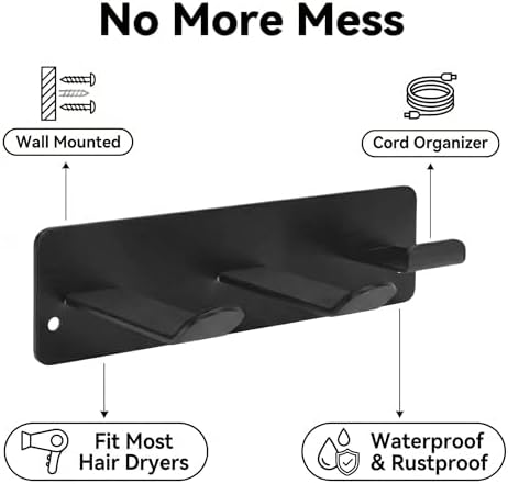 Hair Dryer Holder Wall Mount, Universal Hair Dryer Hanger for Bathroom/Bedroom/Barbershop, 304 Stainless Steel Organizer with 3M Adhesive, No Drilling Space Saver (Black) - Image 4