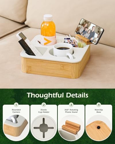 Couch Cup Holder Tray, Bamboo Couch Caddy with Rotatable Phone Holder for Bed Organizer, Waterproof Anti-spill Sofa Cup Holder for Snacks Beverage Remote Black - Image 2