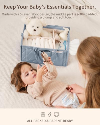 Baby Boy Essentials Diaper Caddy Organizer – Portable Storage Basket with Shoulder Strap & Stroller Hooks, Splashproof Quilted Nursery & Car Tote, Baby Gifts for Baby Shower, Classic Blue - Image 2