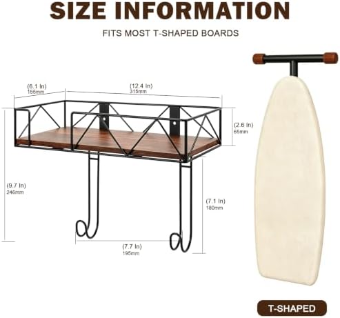Ironing Board Hanger Wall Mounted, Metal Ironing Board Holder with Wood Shelf, Ironing Board Storage Rack with Hook for Laundry Room, Living Room, Bathroom (Matte Black) - Image 5