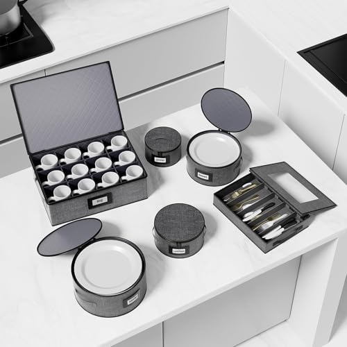 Aokeyee 6-Piece China Storage Containers Set, Hard Shell Moving Boxes for Dishes, Plates, Mugs & Flatware – Dinnerware Organizer with Soft Felt Dividers, Sturdy Handles & Zippers, Grey - Image 6