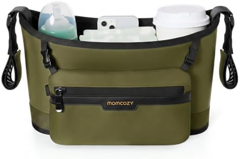 Momcozy Universal Stroller Organizer, Slim Stroller Caddy with 2 Insulated Cup Holders, Non-Slip Silicone Straps, Detachable Mini Pouch, Dense-Weave Parent Console for UPPAbaby, Doona, Graco & More by Momcozy