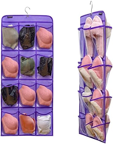 Dual Sided Hanging Shoe Organizer for Closet with Rotating Hanger Hanging Shoe Rack Holder with 24 Large Pockets (Purple-Clear Pockets) by ANZORG