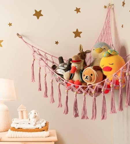 Stuffed Animal Toy Storage Hammock with LED Light - Macrame Jumbo Doll Corner Stuff Animals Organizer Decorations - Cute Hanging Plushie Net Kids Baby Nursery Bedroom Room Decor - Image 2
