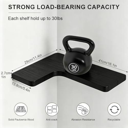 Floating Corner Shelves, Wall Shelf Set of 3, Shelves for Wall Storage, Solid Wood Shelves for Storage, Wall Mount Wooden Display Shelf for Bathroom Bedroom Kitchen Garage (Black 3 Pcs) - Image 2
