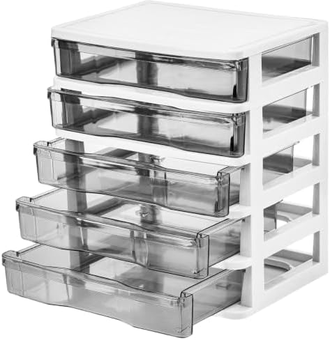 DEAYOU 5 Drawer Desktop Storage Bin Unit, Small Plastic Organizer, White Frame with Clear Drawer, Mini Container Case for Desk, Storing Craft, Accessory, Stationery by DEAYOU