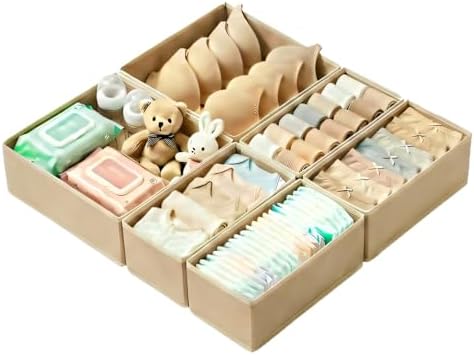 Drawer Organizer Set 6 Pack - Foldable 11" Fabric Storage Bins with Zipper Bottom for Underwear Socks Bras Baby Clothes - Closet Dresser Dividers for Bedroom Nursery, Khaki by Unknown