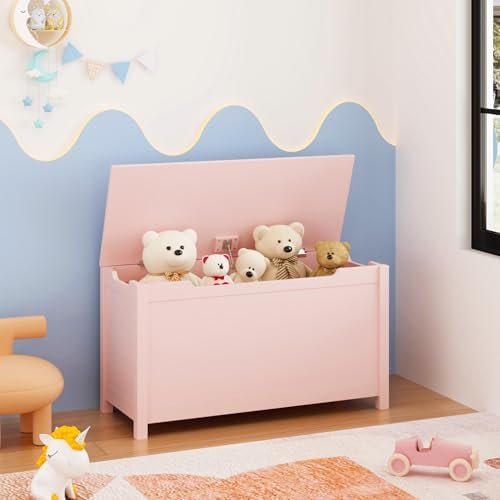 Kids Toy Box Chest, Large Wooden Storage Trunk Bench with Safety Hinged Lid for Ages 3+ Pink - Image 6