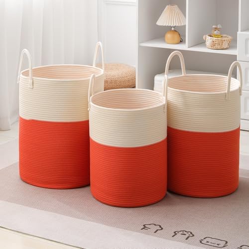 Woven Laundry Hamper Tall Rope Storage Basket for Blanket oys Dirty Clothes in Living Room Bathroom Bedroom (White&Orange, 100L/26.4Gal) - Image 5