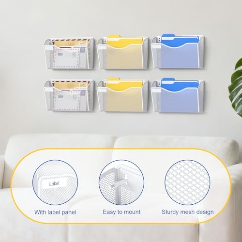 samstar 6 Pack Mesh Wall Mounted File Holder Metal Wall File Pocket Mail Organizer for Office/Home(with Label Panel), White - Image 3