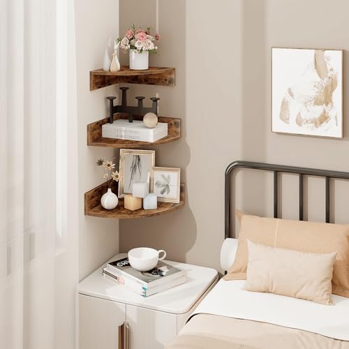 Homode Corner Shelf Wall Mount, Set of 3 Floating Corner Shelves with Cord Hole, 3 Tier Wood Wall Display Shelf, Storage for Bathroom Living Room Kitchen Bedroom, Rustic Brown and Black - Image 2