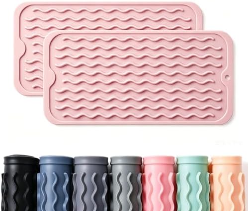 2 Pack Caketime Silicone Dish Drying Mat for Kitchen Counter Under Sink Storage Near Bathroom Faucet Heat Resistant Pad for Stove Top Placemats Soap Holder Stone Dryer Organizer 12"x6" Pink by CAKETIME