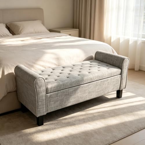 51 Inch Light Gray Linen Storage Ottoman Bench with Rolled Armrests by Zenverhom