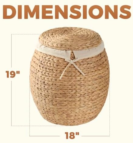 Storage Standard Wicker Basket with Lid Decorative Storage - Large Blanket Basket for Living Room, Plants, Organization, Handwoven Water Hyacinth Material w/Removable Cotton Liner & Tall Round Design - Image 3