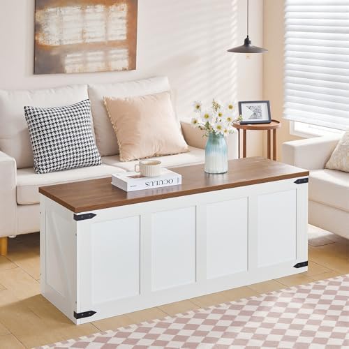 HOOBRO 47.2”Storage Bench Large, Toy Box with 2 Safety Hinges, Farmhouse Wooden Storage Chest, Easy Assembly for Bedroom, Living Room, Entryway, White and Walnut WH520CW01 - Image 5