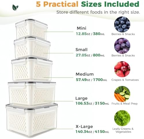 Fruit Storage Containers for Fridge: 5 Pcs with Removable Colander - Image 2