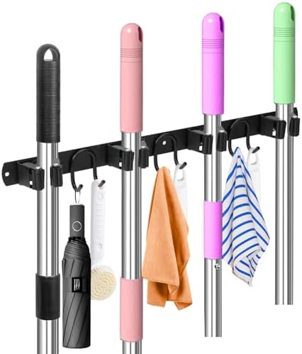 Broom Holder Wall Mount, Stainless Steel Mop Hanger with 4 Slots 6 Hooks, Tool Storage Wall Organizer for Kitchen Garden Garage Laundry Room Bathroom and RV, Black 1-Pack - Image 2
