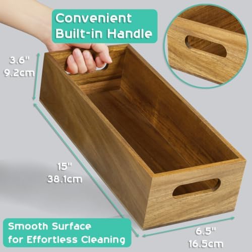 ALELION 15 Inch Acacia Wood Bathroom Storage Basket with Handles, Toilet Paper Basket for Back of Toilet Tank Top, Wooden Organizer Tray for Bathroom Countertop, Vanity, Kitchen, Pantry, Laundry Room - Image 4