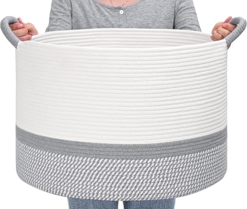 67L Large Blanket Basket, 20"x13" Blanket Basket Living Room, Woven Baskets With Handle, Toy Baskets for Blankets, Nursery, Dog, Pillow, Gift (White & Light Grey) - Image 7