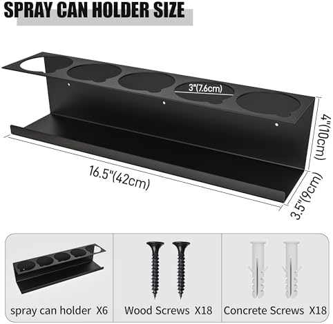 Riciakik 6 Pack Spray Bottle Holder Wall-Mounted, Aerosol Spray Can Holder Storage Rack, Heavy-Duty Paint Bottle Organizer with 30 Holes, Steel Black Spray Rack for Garage, Shop, Home or Tool Trailer - Image 5