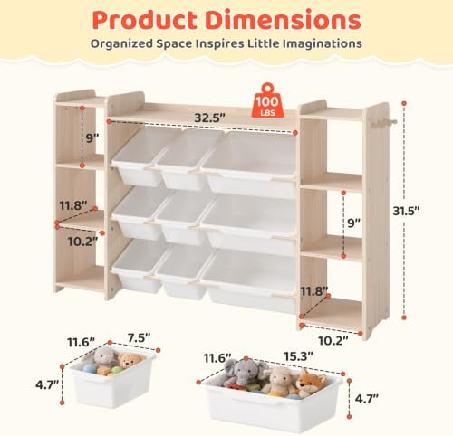 DOREROOM Toy Storage Organizer with Bookshelf, 6 Shelves/9 Toy Bins/6 Hooks - Image 2