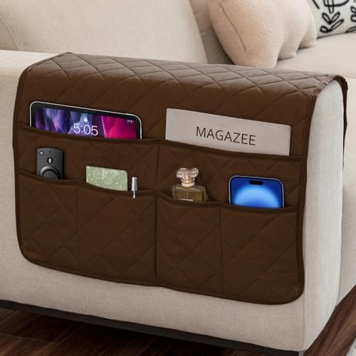 Remote Control Holder for Recliner Non-Slip Armchair Caddy Couch Armrest Organizer, Arm Chair Bedside Caddy Storage Organizer for Recliner Couch With 6 Pockets for Magazine, Phone, iPad (Brown) by DECKALY