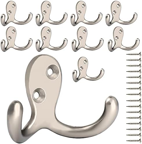 IBosins 10 Pack Silvery Double Prong Coat Hooks Wall Mounted with 20 Screws by IBosins