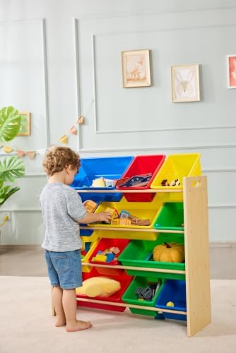 Amazon Basics Kids Toy Storage Organizer With 12 Plastic Bins, Natural Wood, Multicolor, for Bedroom and Playroom, 33.85"D x 12.79"W x 35.42"H - Image 2