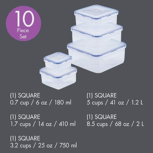 LOCK & LOCK Easy Essentials Food Storage lids/Airtight containers, BPA Free, 10 Piece - Square, Clear - Image 2
