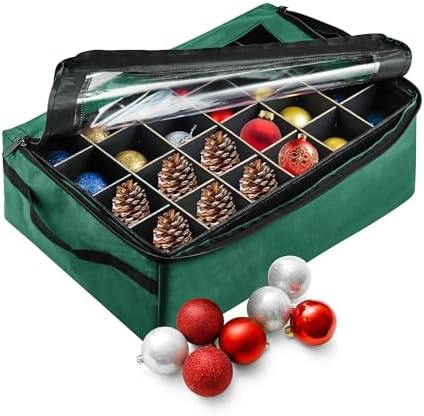 Ornament Storage Box - Zippered Organizer with 48 Individual Compartments and Dividers for Christmas Bulbs and Decorations by Tiny Tim Totes (Green) by ElfStor