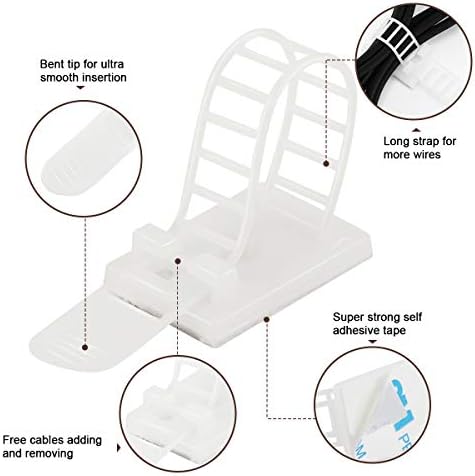 50Pcs Adhesive Cable Management Clips with 50Pcs Zip Ties, Adjustable Nylon Cable Strap Ties Wire Clips Clamps Organizer, Extra Screw & Hole - 3.35 Inch White - Image 3