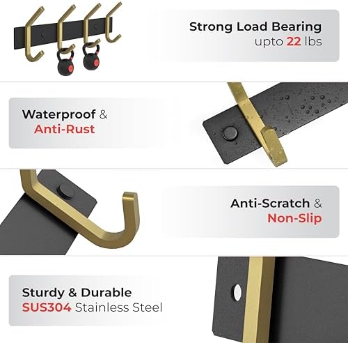 Coat Rack Wall Mount – Black and Gold Hook Rail with 4 Double Coat Hooks, 12 Inch Stainless Steel Wall Hooks for Entryway, Bathroom, Bedroom, Closet, Towel, Hat, Bag, Heavy Duty Organizer - Image 3