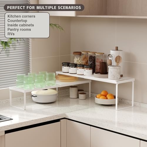 Magheo Expandable Cabinet Shelf Organizer, 2 Pack Stackable Kitchen Counter Shelf Riser, Metal Spice Rack Heavy Duty Countertop Organizer Storage for Kitchen, Pantry, Cupboard, Rv (5.9in Height,White) - Image 4