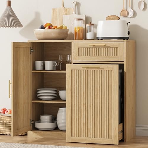 13 Gallons Pull Out Trash Can Cabinet with Storage, Natural Oak by METOTI