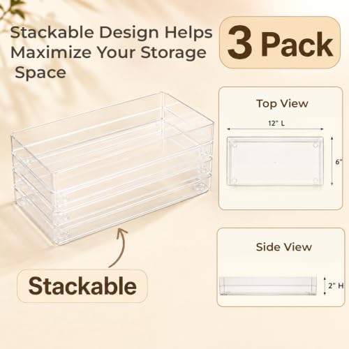 LotFancy 3 Pack Stackable Clear Plastic Drawer Organizer, Cosmetic, 12x6x2 - Image 7