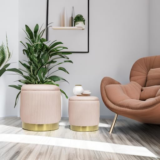 YYW HOME Pink Velvet Round Ottoman with Storage Set of 2 - Image 5