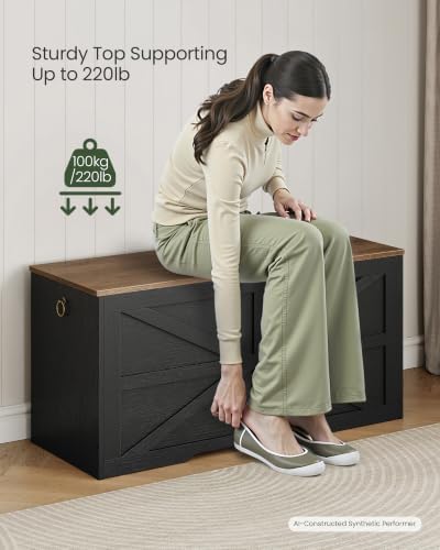 CHOEZON Storage Chest, 39.4" Wooden Storage Trunk, Modern Storage Bench with Safety Hinge, Toy Box, Farmhouse Style, for Bedroom, Living Room, Walnut and Black MCW10BL - Image 5