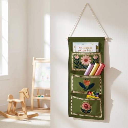 IAXIC Folk Dot Floral Border Canvas Wall Hanging Organizer with Pockets - Image 4