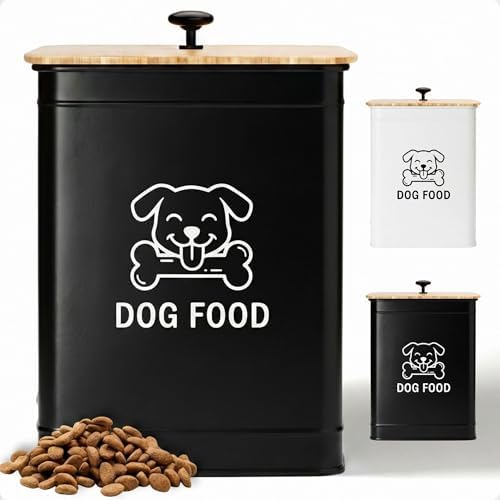 Metal Dog Food Container 5-7lb, 25 Cup w/ Airtight Bamboo Lid, Metal Handle by HBDesignCo