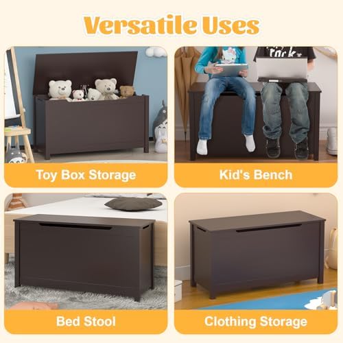 Kids Toy Box Chest, Large Wooden Storage Trunk Bench with Safety Hinged Lid for Ages 3+, Dark Brown - Image 5