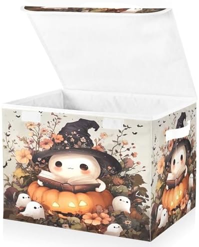 Ghost Wearing Witch Hat Storage Bins with Lids and Carrying Handle,Foldable Storage Boxes Organizer Containers Baskets Cube with Cover for Home Bedroom Closet Office - Image 2