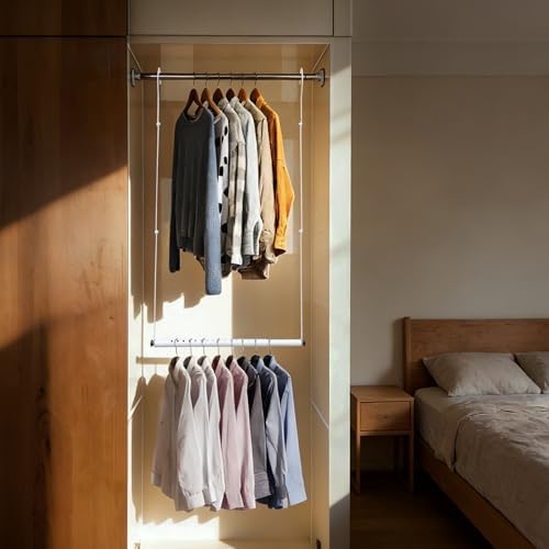 Hanging Closet Rod Extenders, Adjustable Width and Height Closet Extender Hanging Rod, Space-Saving Closet Hanging Rod, Heavy Duty Closet Bar for Hanging Clothes, 1 Pack White - Image 2