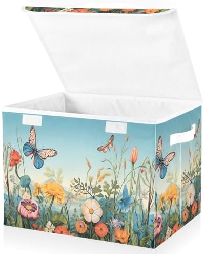 Colorful Flower Pattern Storage Bins with Lids and Carrying Handle,Foldable Storage Boxes Organizer Containers Baskets Cube with Cover for Home Bedroom Closet Office - Image 2