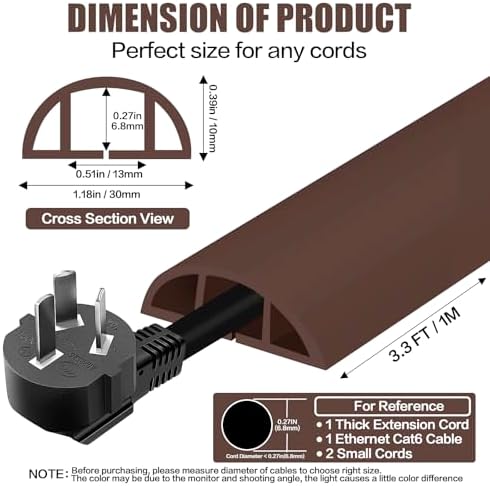 Floor Cord Cover Self Adhesive Cord Hider,3.3FT Cable Management, Extension Strip Protector for Wires, Prevent Cable Trips for Offices, Gyms, Exhibitions Cavity:0.39"(W) x 0.27"(H) Coffee - Image 2