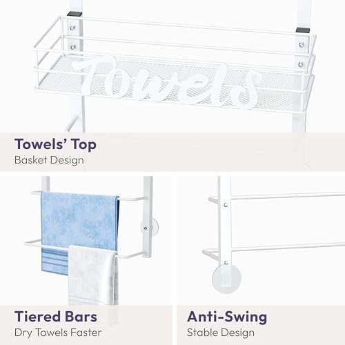 SWTYMIKI Over the Door Towel Racks for Bathroom - 3-Tier Wall Mounted Bathroom Towel Storage Organizer Holder with Metal Shelf, White - Image 7