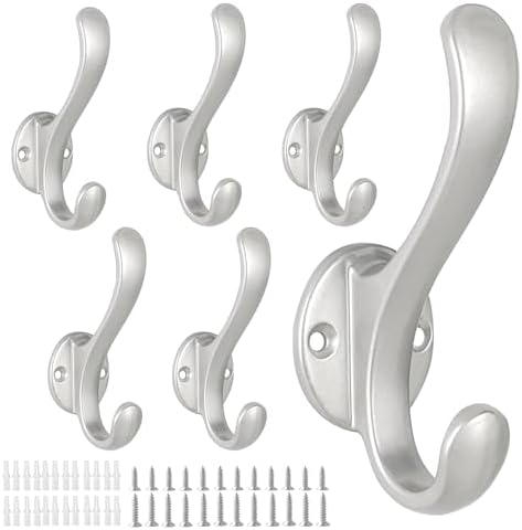6 Pack Coat Hooks Wall Mount Heavy Duty Utility Retro Double Hooks for Hanging Coats,Hat, Towel, Key, Robe, Scarf, Bag, Cap (Silver) by PEOIAOY