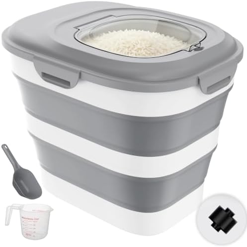 Rice Storage Container, 20 to 50Lbs Collapsible Airtight Rice Container, 30 Lbs Dog Food Storage Container with Wheels, Cup and Scoop, Food Dispenser Bin for Flour, Cereal, Flour, Cat, Bird, Pet by Viretec