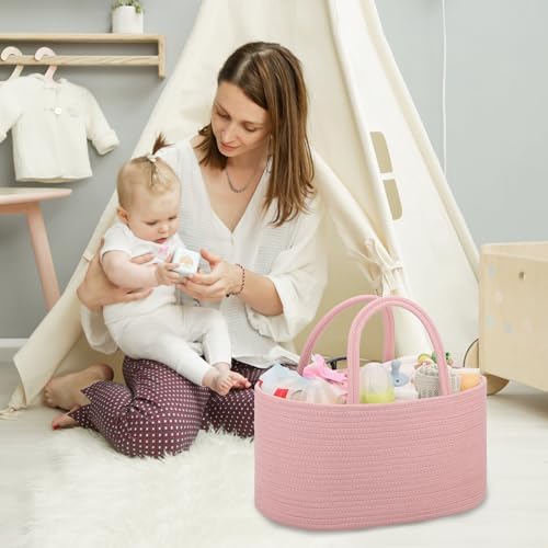 COMSE Large Cotton Rope Baby Diaper Caddy Organizer for Girls, Dusty Pink - Image 3